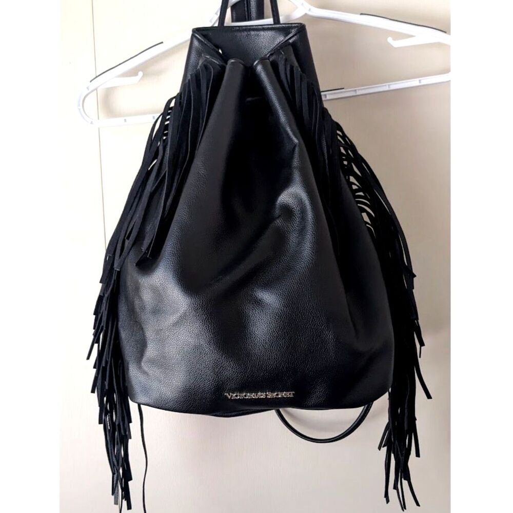 Victoria's Secret Black Fringe Backpack Drawstring Bucket Bag Boho Faux Leather